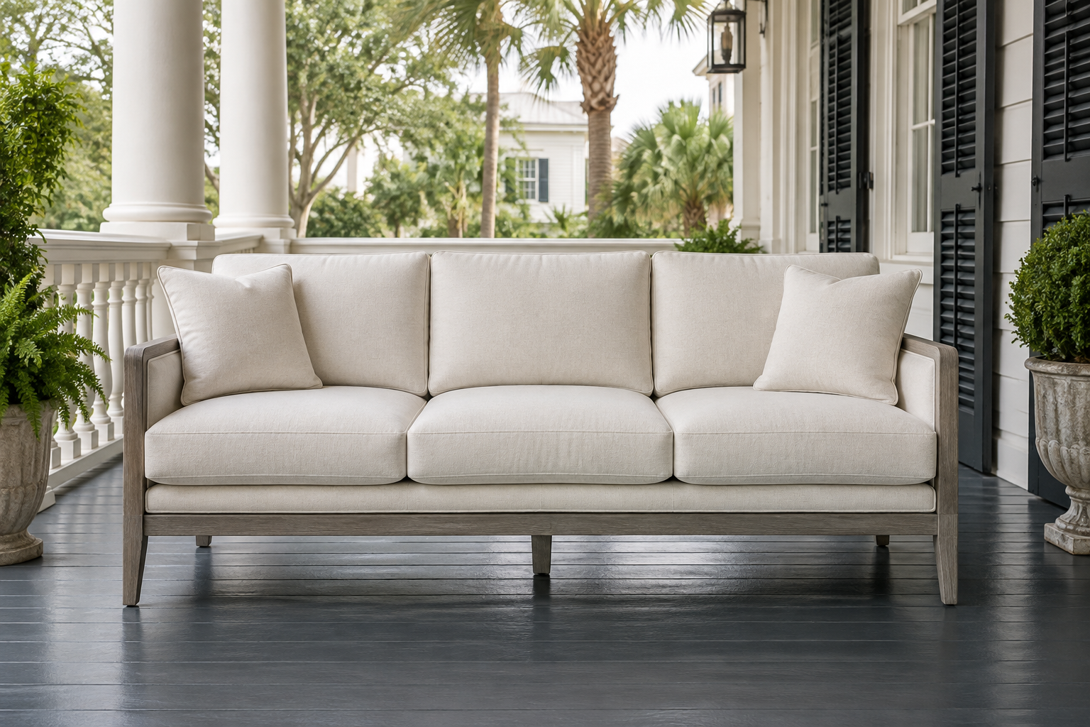 AI-created upholstered sofa inspiration; not a fabric sample